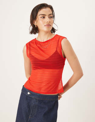 Asos Design Boat Neck Short Sleeve Mesh Shirred Top In Orange