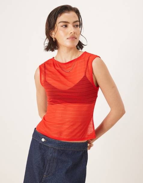 ASOS DESIGN boat neck short sleeve mesh shirred top in red - view 1