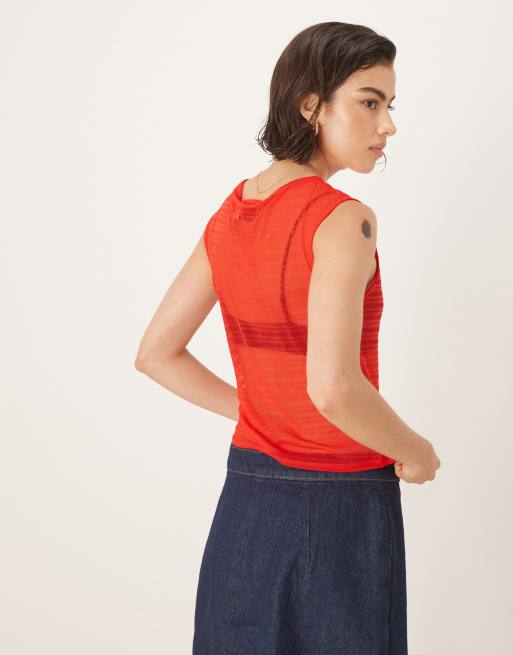 ASOS DESIGN boat neck short sleeve mesh shirred top in red, 4 of 4