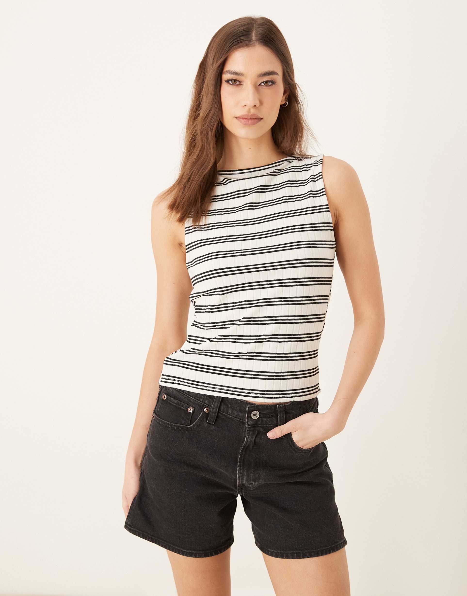 asos design boat neck tank in mono stripe