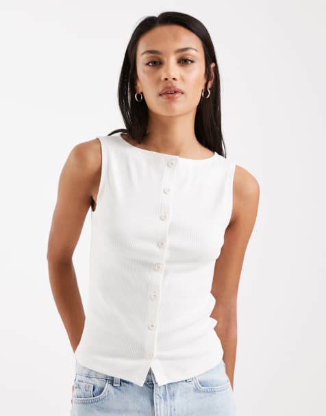 ASOS DESIGN boat neck tank top with buttons in cream - view 1