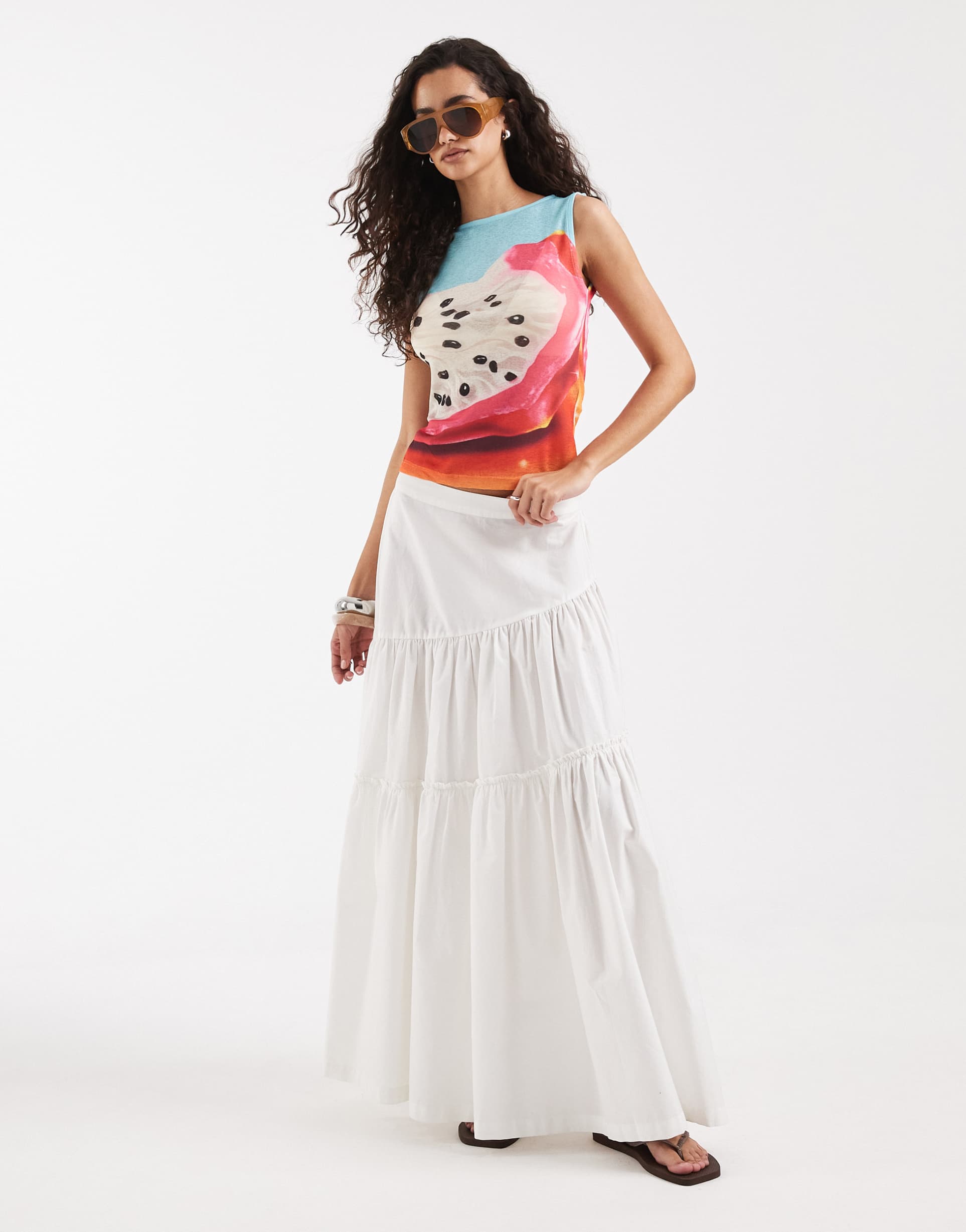 asos design boat neck tank top with dragon fruit print in soft touch jersey