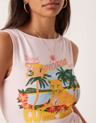 Asos Design Boat Neck Tank Top With Hotfix Postcard Graphic In White