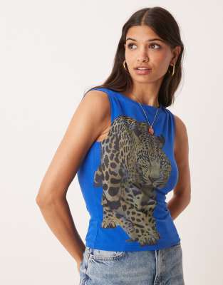 Asos Design Boat Neck Tank Top With Leopard Graphic In Blue