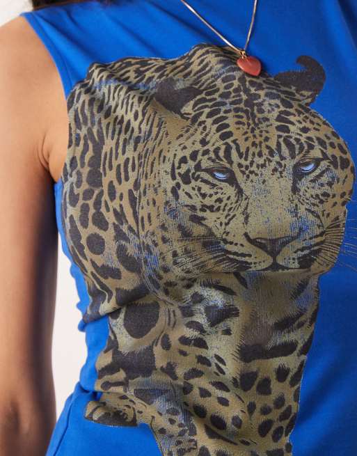ASOS DESIGN boat neck tank top with leopard graphic in blue