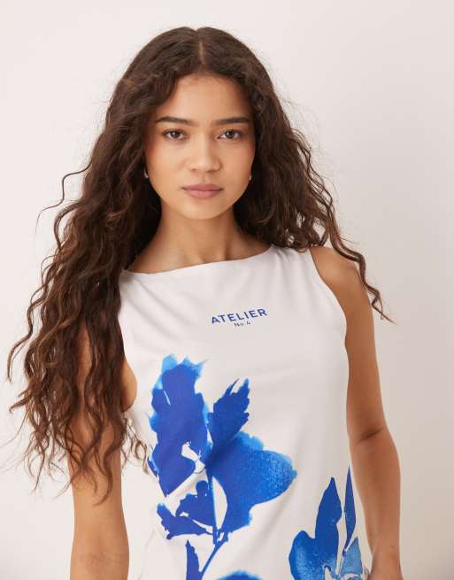 ASOS DESIGN boat neck tank top with photographic floral in white, 3 of 4