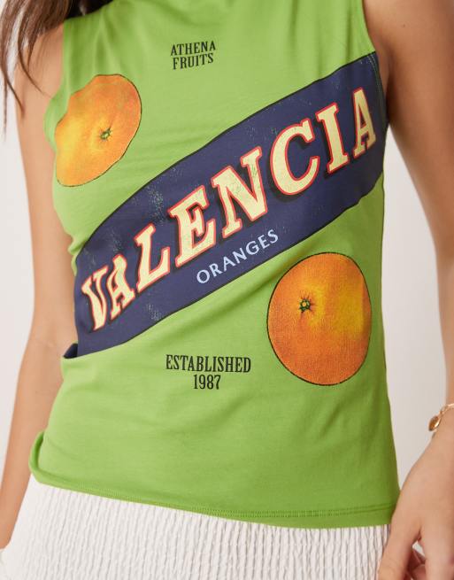 ASOS DESIGN boat neck tank top with valencia orange graphic in green, 3 of 4