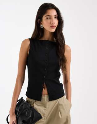 ASOS DESIGN boat neck tank with buttons in black