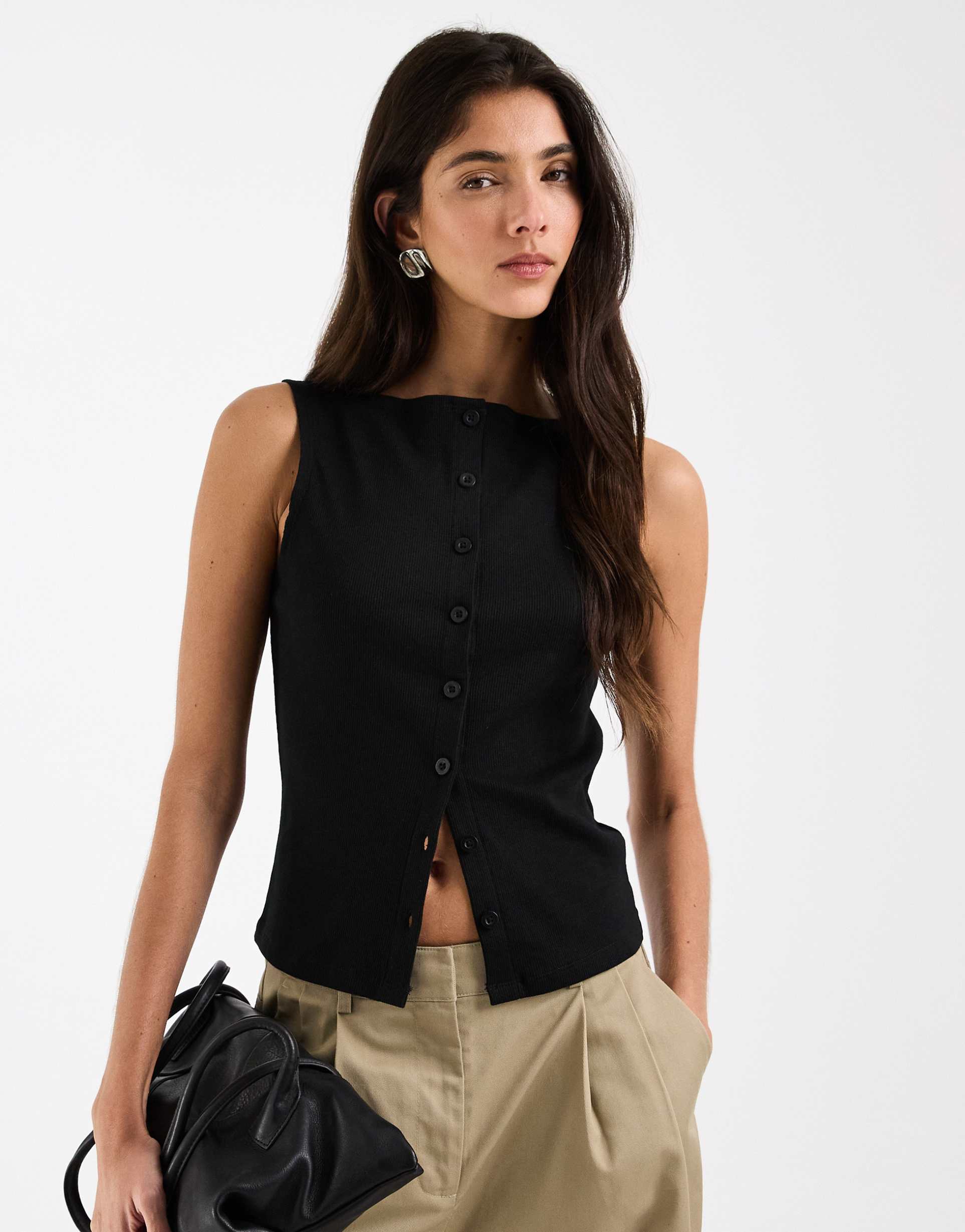 asos design boat neck tank with buttons in black