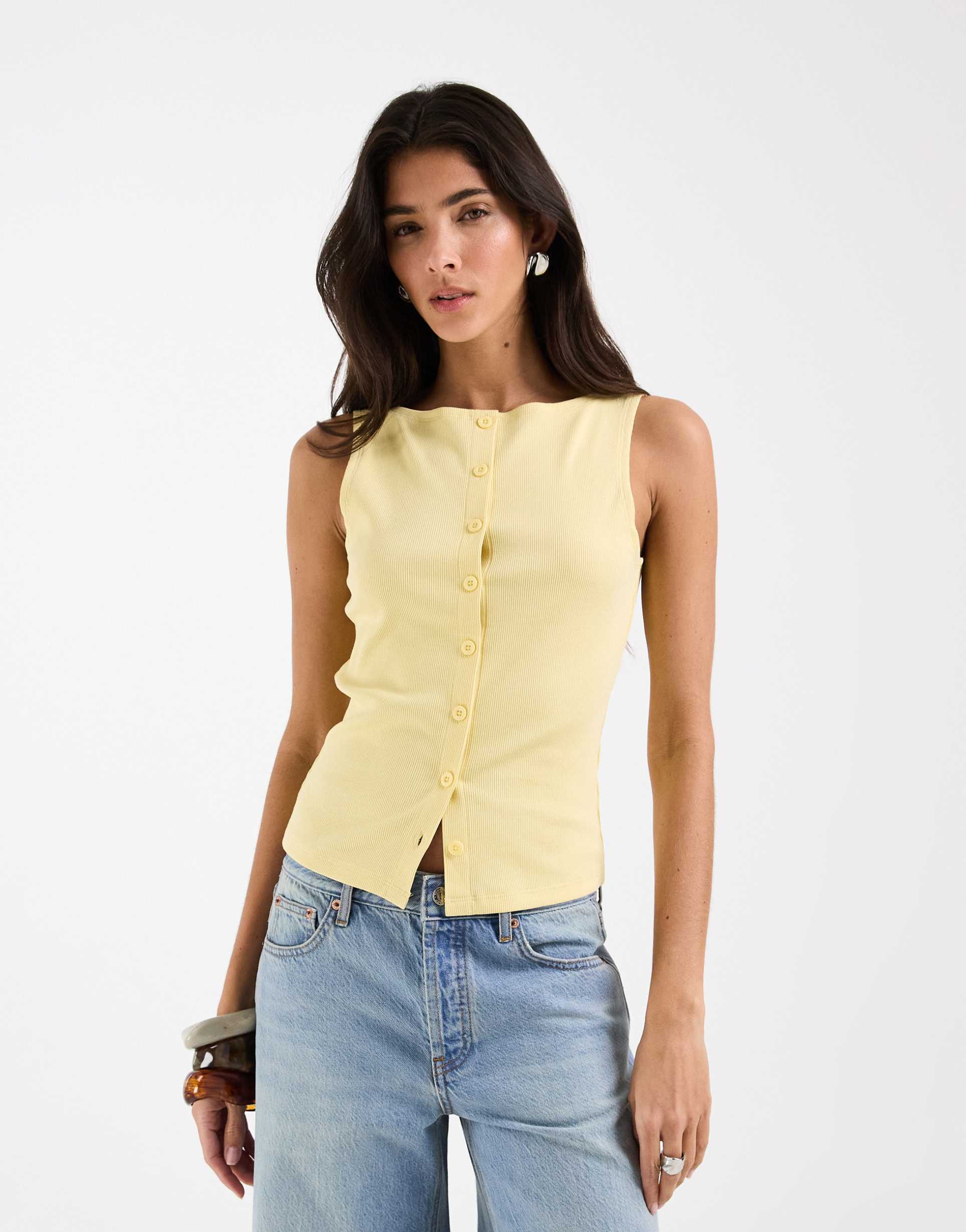 asos design boat neck tank with buttons in yellow