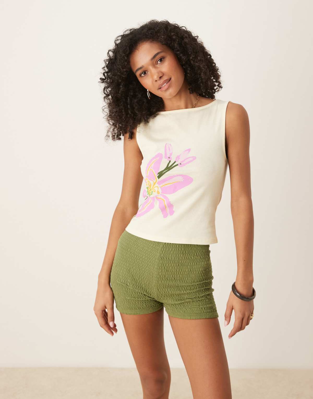 ASOS DESIGN boat neck tank with pink flower graphic in buttermilk