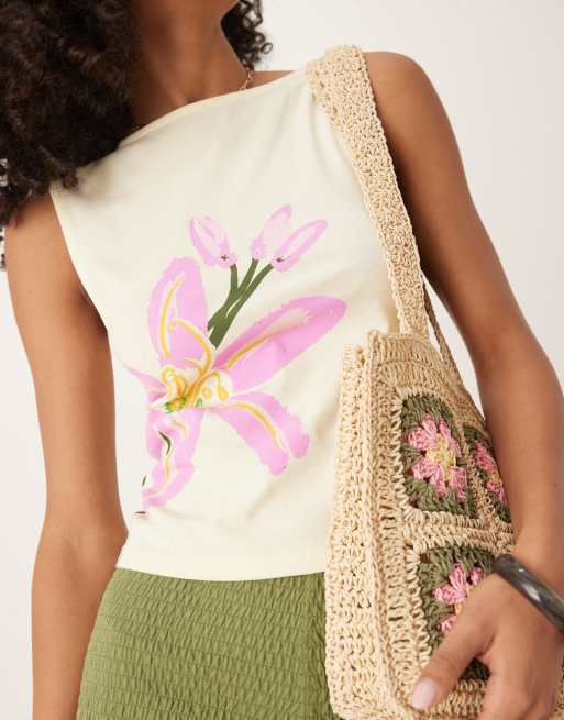 ASOS DESIGN boat neck tank with pink flower graphic in buttermilk
