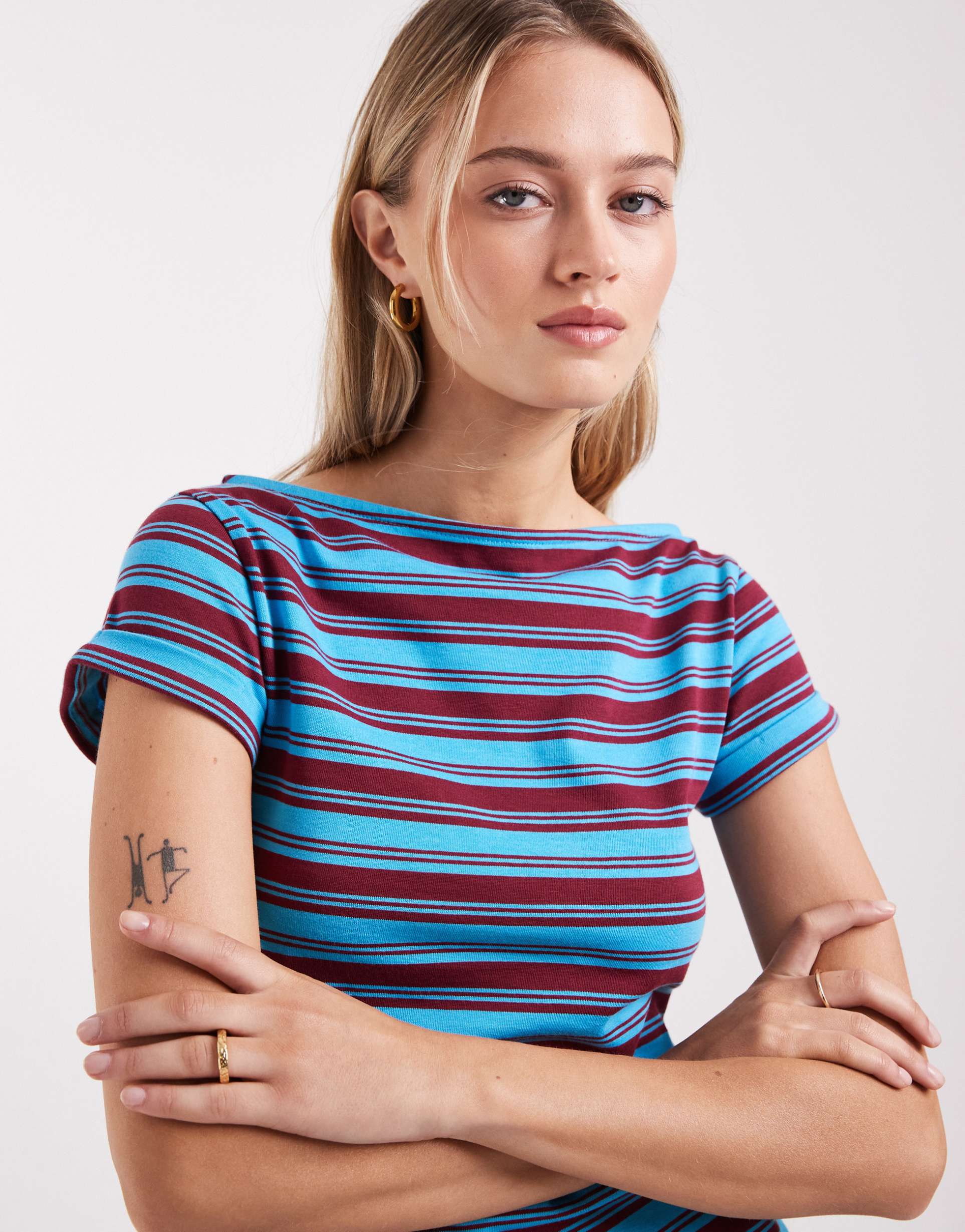 asos design boat neck top in blue and burgundy stripes
