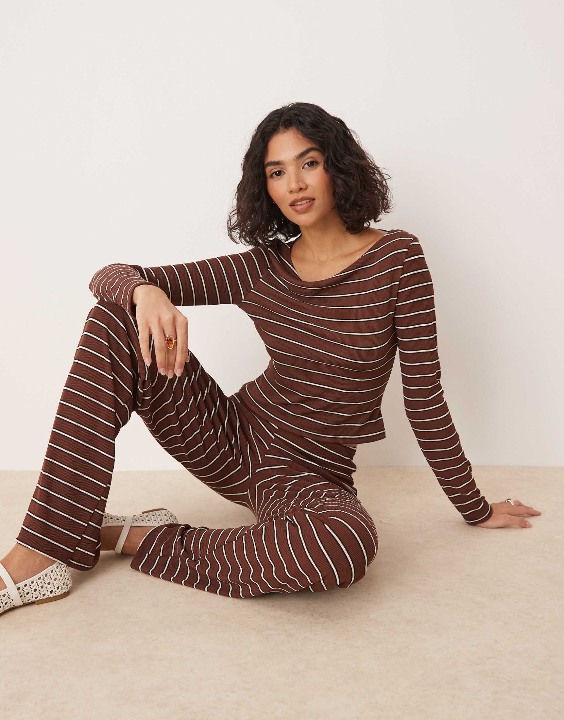 asos design boat neck top in chocolate stripe - part of a set