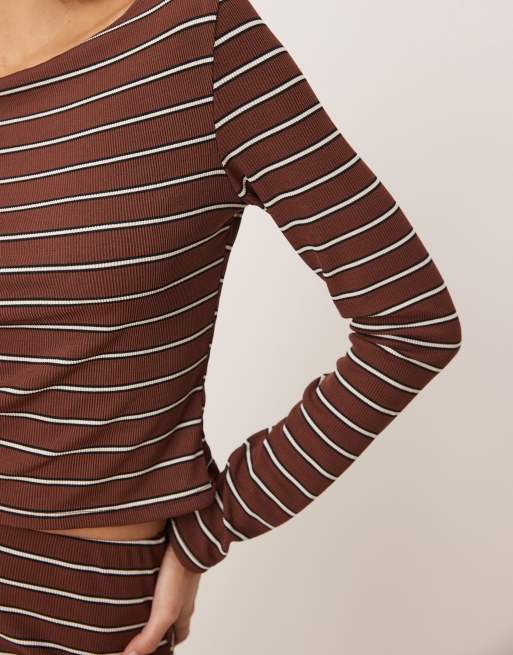ASOS DESIGN boat neck top in chocolate stripe (part of a set), 3 of 4