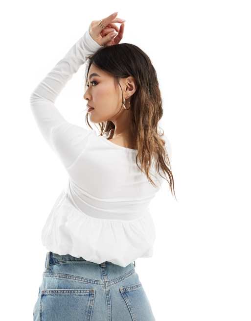 ASOS DESIGN boat neck top with poplin bubble hem in white, 4 of 4