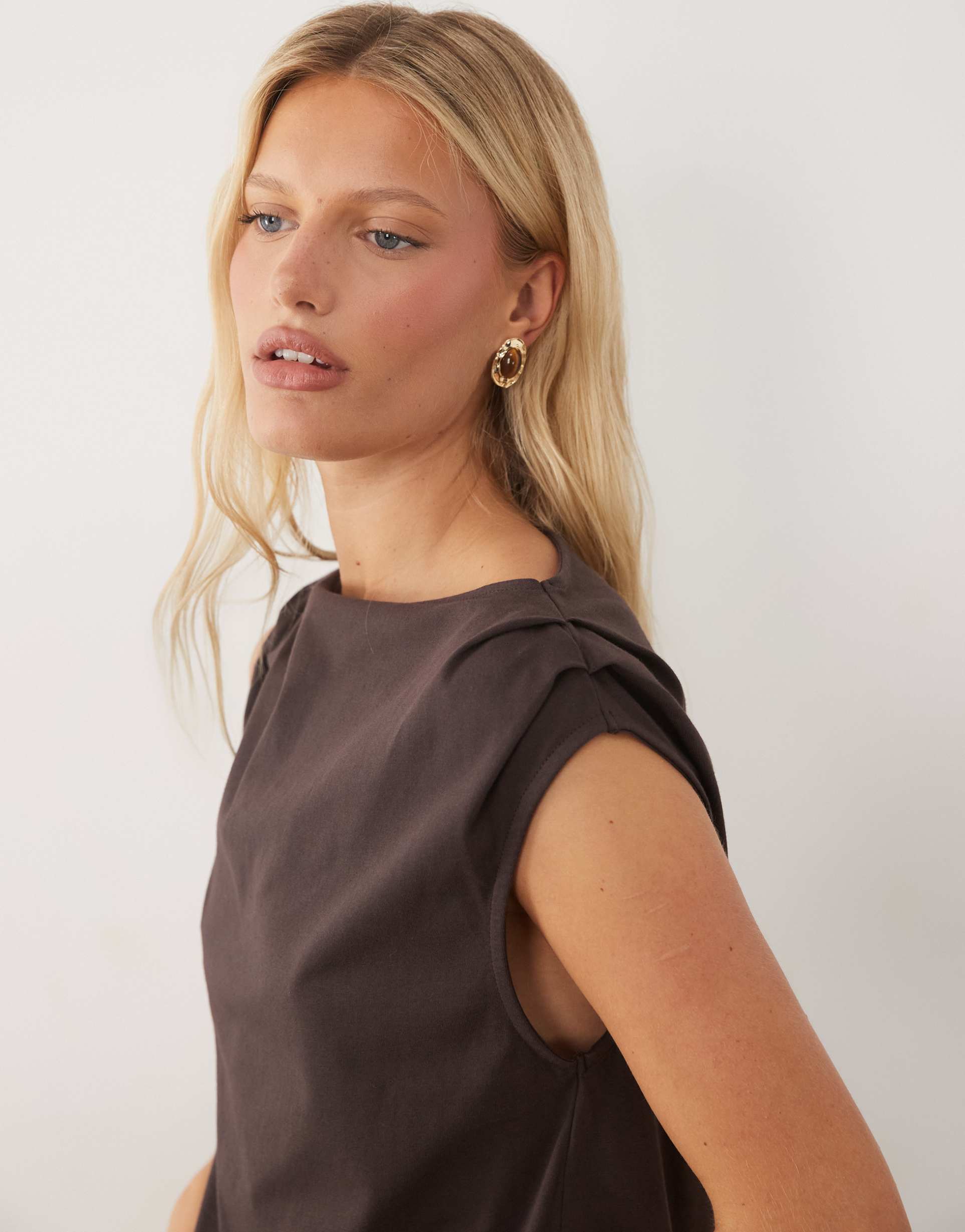asos design boat neck top with ruched shoulder details in plum - part of a set