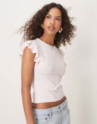 Asos Design Boat Neck Top With Ruffle Sleeve In Pink