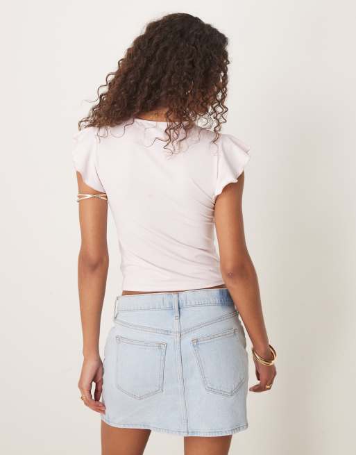 ASOS DESIGN boat neck top with ruffle sleeve in baby pink, 2 of 4