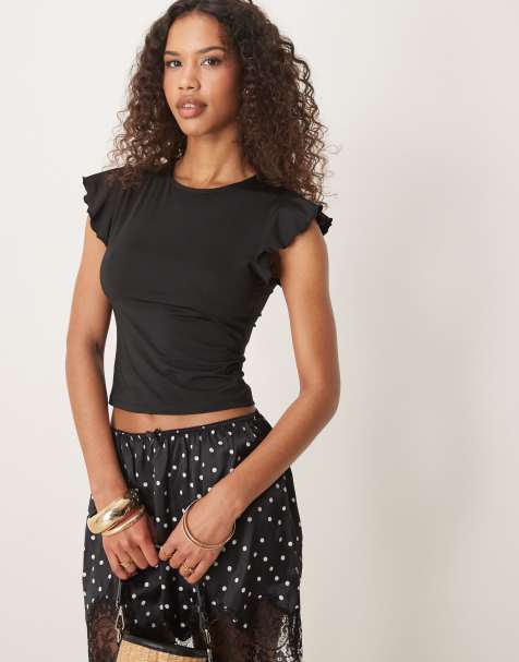 ASOS DESIGN boat neck top with ruffle sleeve in black - view 1