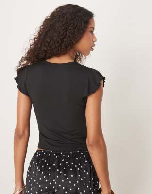 Asos Design Boat Neck Top With Ruffle Sleeve In Black