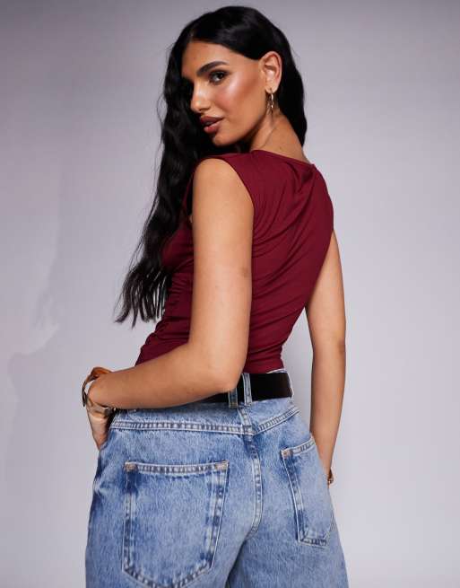 ASOS DESIGN boat neck under bust seam detail top in burgundy, 2 of 4