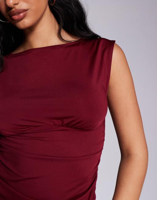 ASOS DESIGN boat neck under bust seam detail top in burgundy, 4 of 4
