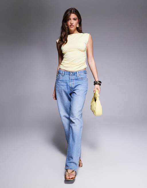 ASOS DESIGN boat neck under bust seam detail top in buttermilk yellow