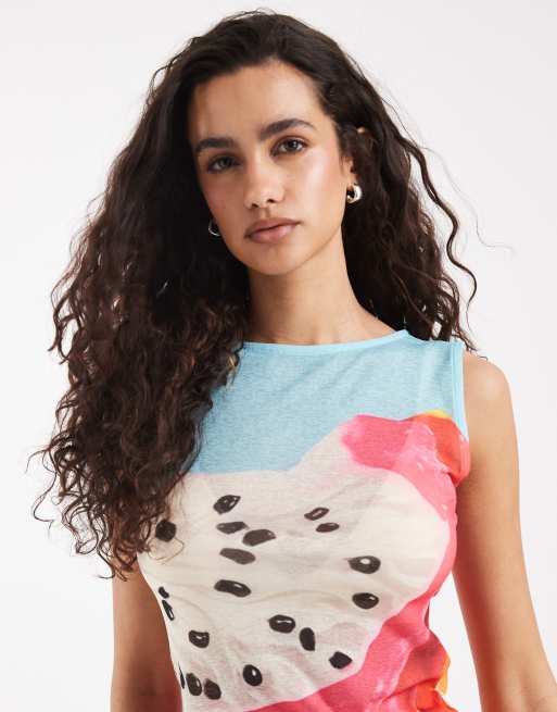 ASOS DESIGN Boat neck vest with dragon fruit print in soft touch jersey, 3 of 4