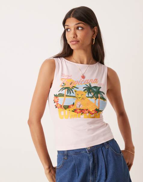 ASOS DESIGN boat neck vest with hotfix postcard graphic in pink - view 1