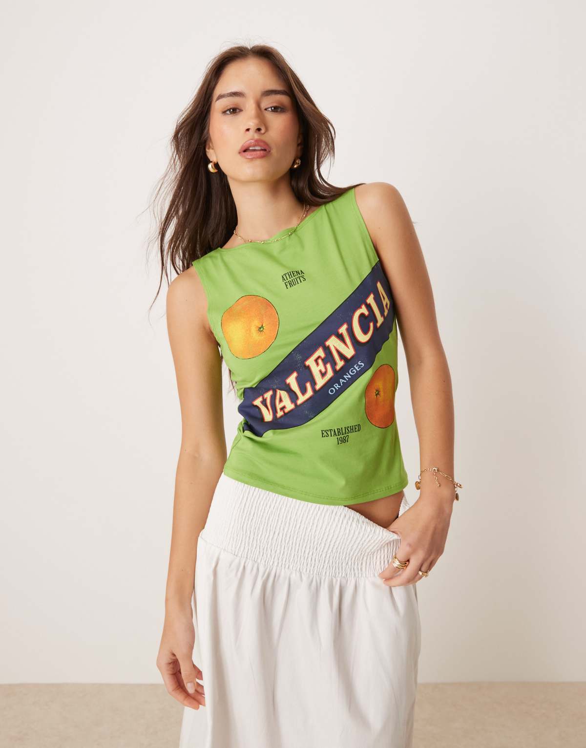 ASOS DESIGN boat neck vest with valencia orange graphic in green