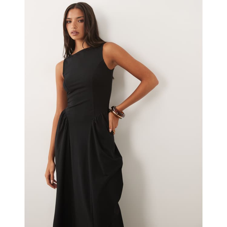 black boat neck midi dress - Ruched Midi Dress - Dress - Dress up 3/4 sleeves boohoo Women's Slinky Boat Neck