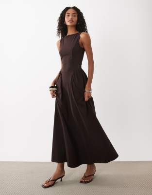 ASOS DESIGN boat neck waist detail midi dress in chocolate