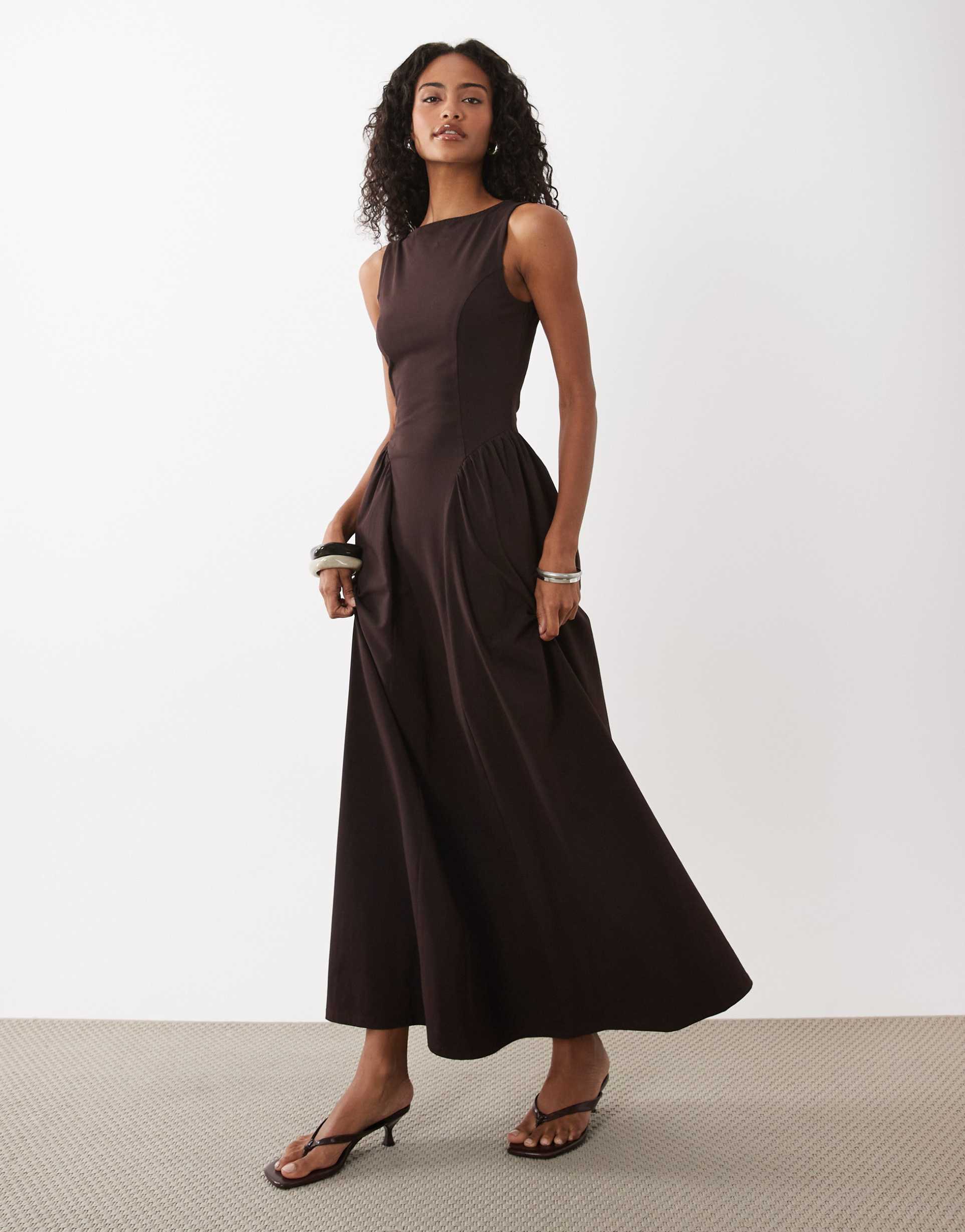 asos design boat neck waist detail midi dress in chocolate