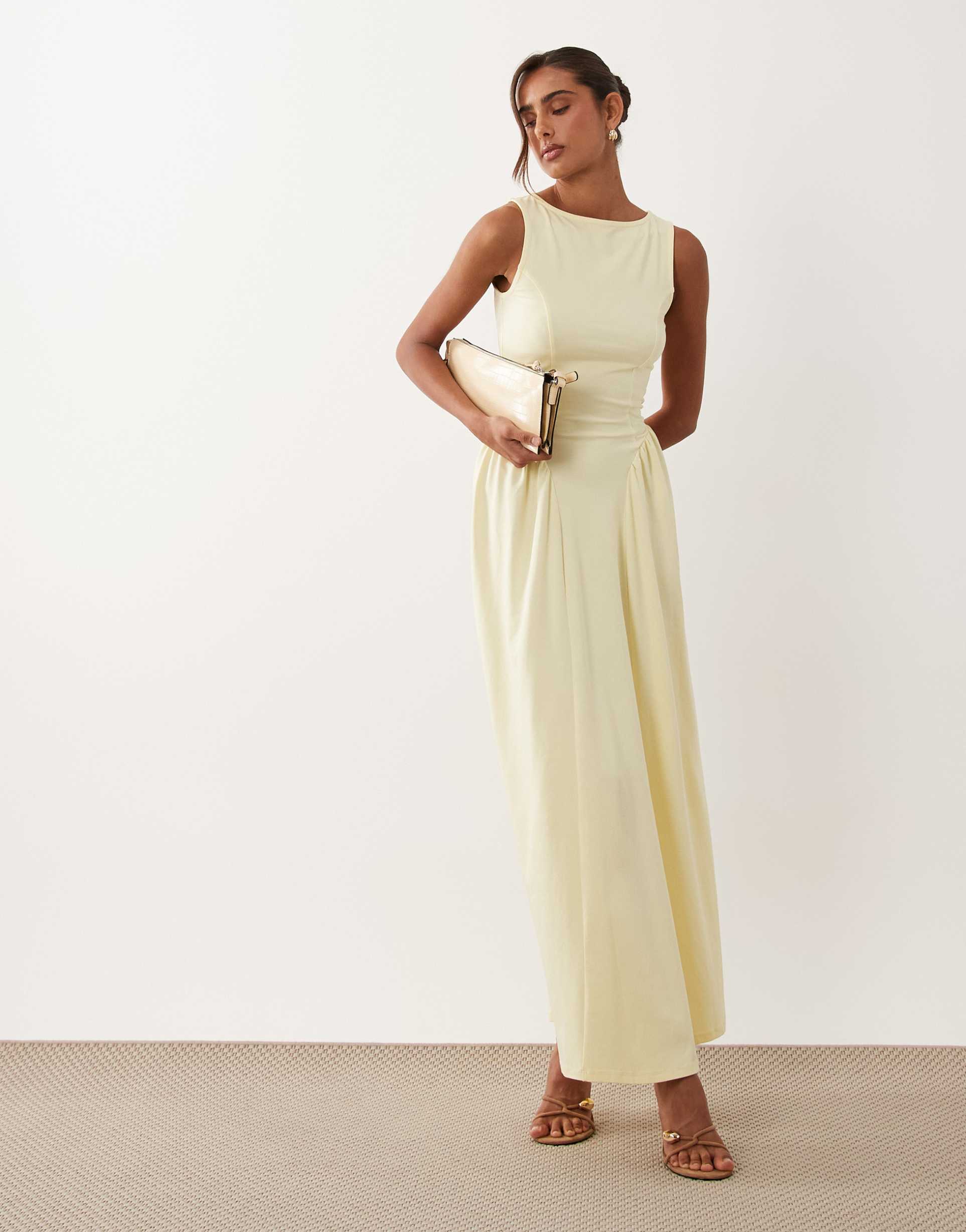 asos design boat neck waist detail midi dress in yellow