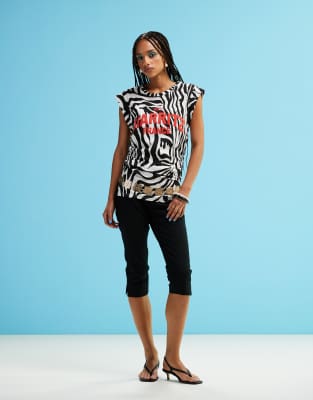 Asos Design Boat Neck Zebra Print Tank Top With Graphic-multi In Black