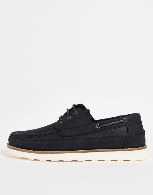 ASOS DESIGN boat shoes in black leather with wedge sole