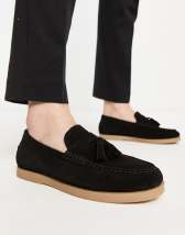 ASOS DESIGN tassel loafers in black suede leather with natural