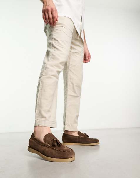 Men's White Long Sleeve Shirt, Beige Chinos, Grey Suede Loafers