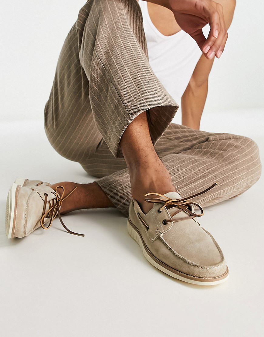 ASOS DESIGN boat shoe in stone suede-Neutral