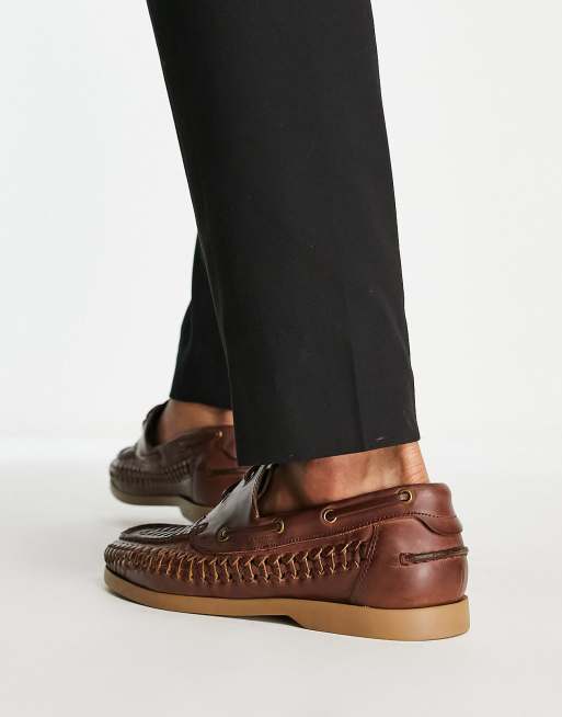 ASOS DESIGN boat shoe in tan leather with weave detail