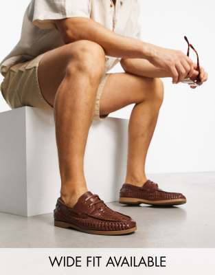 Asos Design Boat Shoe In Tan Leather With Weave Detail-brown