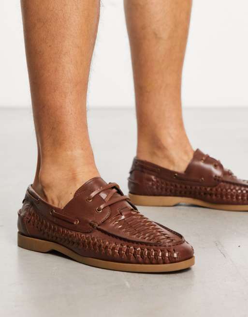 ASOS DESIGN boat shoe in tan leather with weave detail