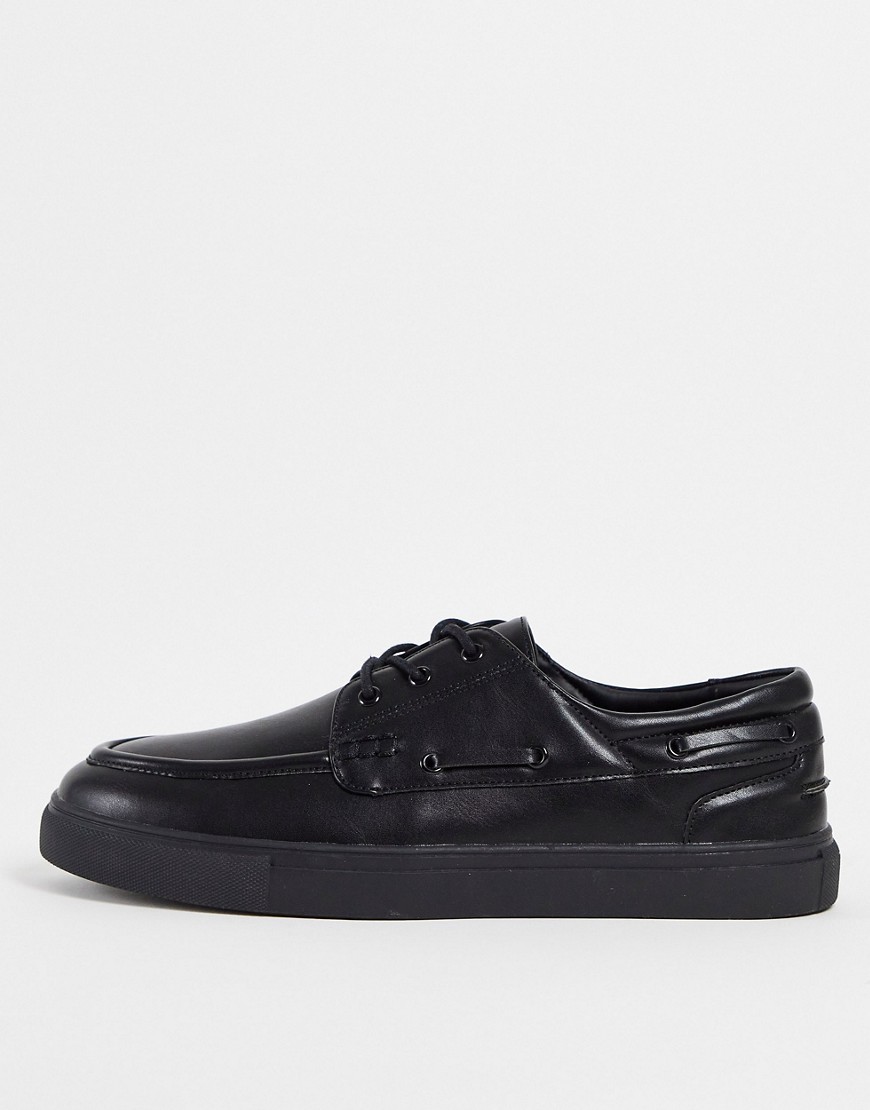ASOS DESIGN boat shoes in black faux leather with black sole