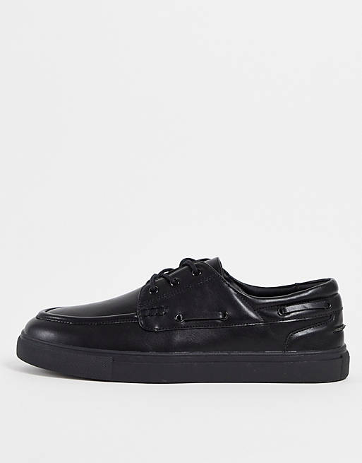ASOS DESIGN boat shoes in black faux leather with black sole | ASOS