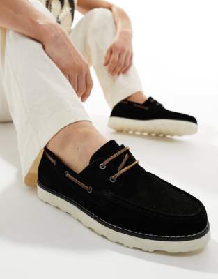 Asos Design Boat Shoes In Navy Suede In Black