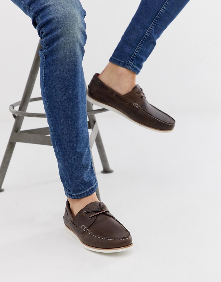 ASOS DESIGN boat shoes in brown leather with white sole