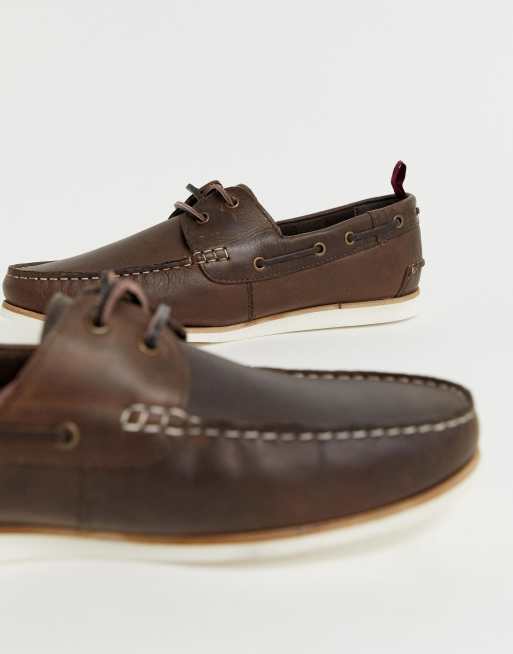 ASOS DESIGN boat shoes in brown leather with white sole