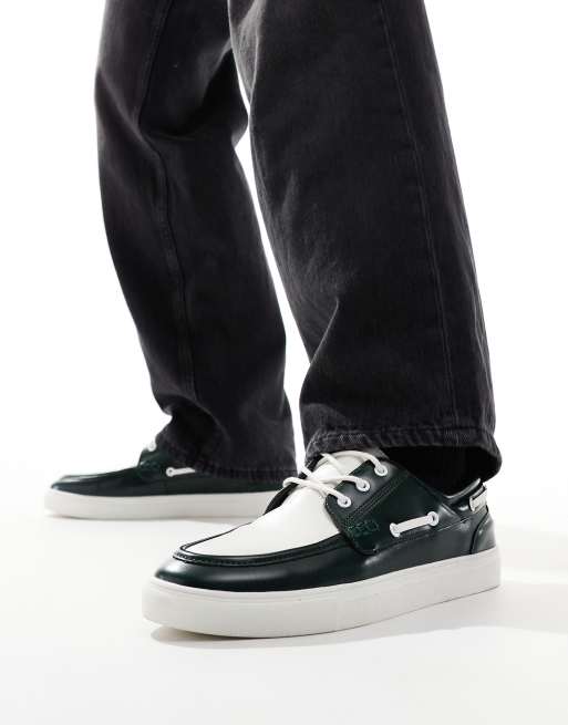 ASOS DESIGN boat shoes in green and white faux leather ASOS