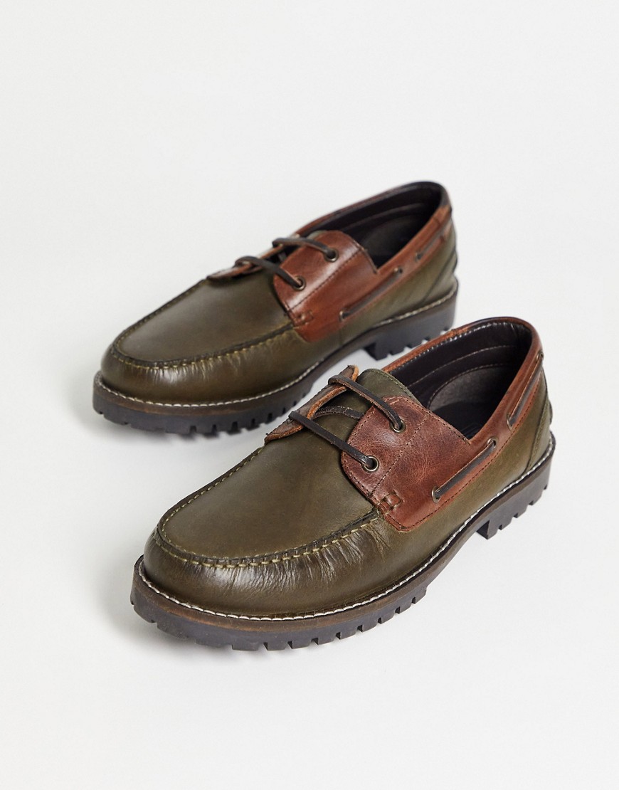ASOS DESIGN boat shoes in green leather with tan panel and chunky sole